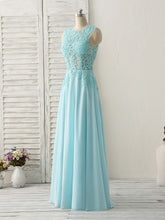 Elegant Blue Round Neck Lace Chiffon Long Prom Dress for Bridesmaids